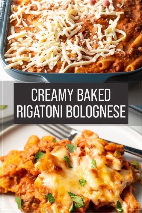 Creamy Bolognese, Rigatoni Bolognese Recipe, Oven Baked Pasta, Easy Bolognese, Rigatoni Bolognese, Bolognese Pasta Bake, Pasta Bolognese Recipe, Cream Sauce Pasta, Baked Rigatoni