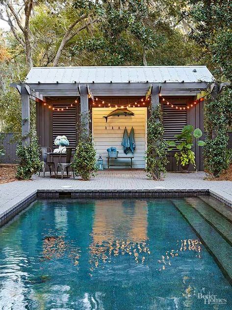 Great inspiration for a poolside Tuff Shed changing room! It would be great to add a little bar off to the side too. Pool Cabana Ideas, Outdoor String Lights Patio, Pool Cabanas, Pool Shed, Patio String Lights, Outdoor Pavilion, Pool Cabana, Cozy Backyard, Small Pools