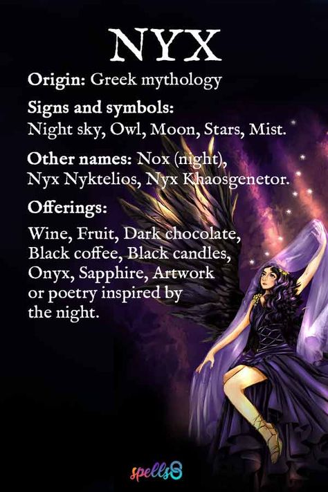 Nyx Goodness Of Night, Goddess Nyx Symbol, Goddess Nyx Mythology, Nyx Primordial Goddess, Nyx Tattoo Goddesses Greek Mythology, Nyx Altar Ideas, Nyx Greek Goddess Tattoo, Dark Goddesses Deities, Nyx Goddess Witchcraft