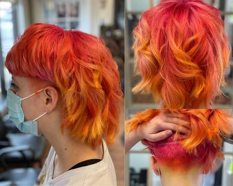 Fire Dyed Hair Short, Orange Mullet Hair, Multi Colored Short Hair, Pink And Orange Hair Short, Colorful Mullet, Yellow Mullet, Orange Mullet, Orange Mohawk, Short Orange Hair