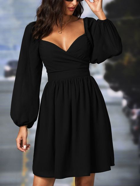 Black Elegant Collar Long Sleeve Woven Fabric Plain A Line Embellished Slight Stretch  Women Dresses Formal Dresses Short Classy Elegant, Dress Outfits Party, Cocktail Dress Short, Short Noir, Preppy Prom, Black Dresses Classy, Coachella Dress, Business Formal Dress, Black Dress With Sleeves