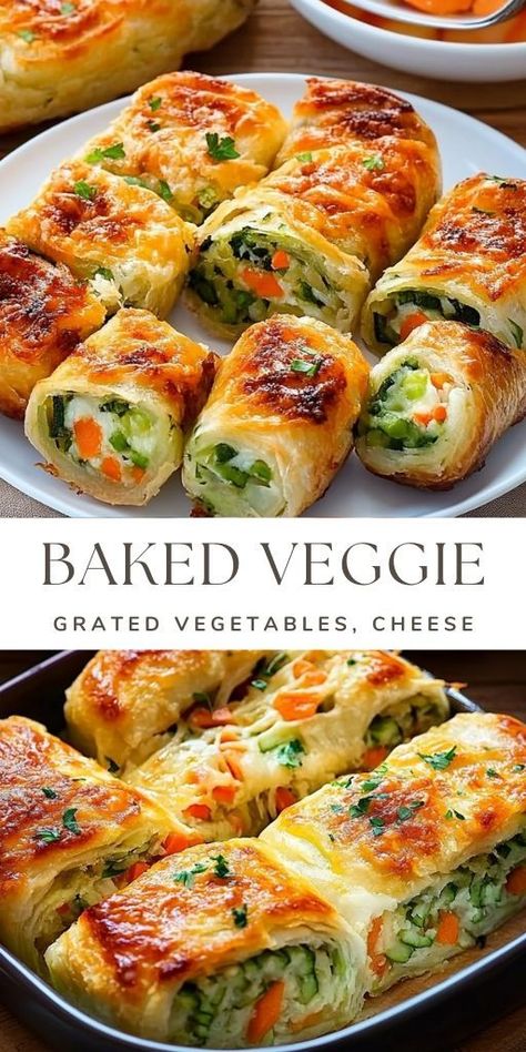 Cheesy Baked Vegetable Rolls Recipe Ingredients: For the Rolls: 1 zucchini, grated Salt to taste 1 carrot, grated 1 potato, grated #Veggie #Rolls Vegetable Rolls, Zucchini Roll, Veggie Rolls, Baked Tilapia, Lunch Wraps, Baked Veggies, Veg Dishes, Baked Vegetables, Tasty Vegetarian Recipes