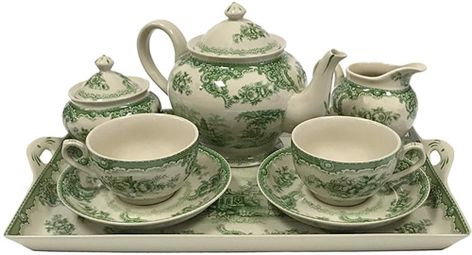 Reproduction Transferware Porcelain Tea Sets from the Madison Bay Company – my design42 Antique Tea Sets Porcelain, Green Transferware Dishes, Green Dishware, Green Tea Set, Green Transferware, Iced Tea Maker, Antique Tea Sets, Vintage Tea Sets, Green China