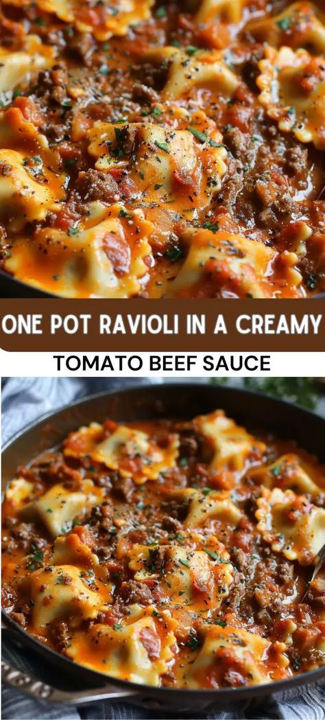 One Pot Ravioli in a Creamy Tomato Beef Sauce Beef Ravioli Recipe, Ravioli Dinner Ideas, Ravioli Sauce Recipe, Sausage Ravioli, Beef Ravioli, Tomato Beef, Ravioli Sauce, Beef Sauce, Good Looking Food