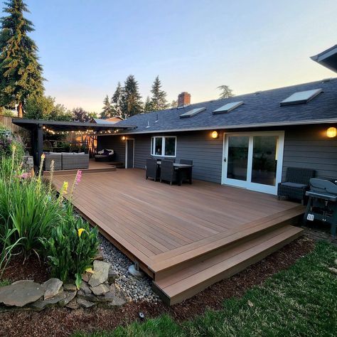 Backyard Deck And Landscaping, Small Deck Off Master, Composite Back Deck Ideas, Deck Side Of House, Back Deck Off House, Bungalow Back Deck Ideas, Low Deck With Pergola, Platform Deck On Sloped Yard, Deck Ideas Ranch Home