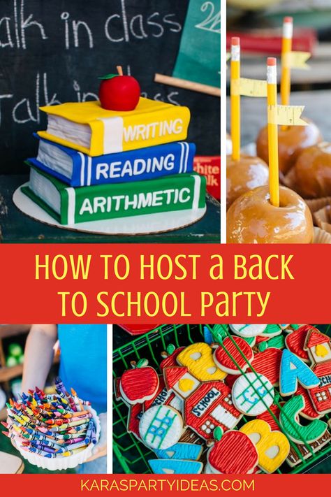 How to Host a Back to School Party via Kara's Party Ideas - KarasPartyIdeas.com Back To School Decorations Party, Back To School Bunco Theme, Back To School Bash Games, New Teacher Party Ideas, Back To School Themed Party, Back To School Party Activities, Back To School Food Party, Back To School Bash Activities, Back To School Party Ideas Decorations