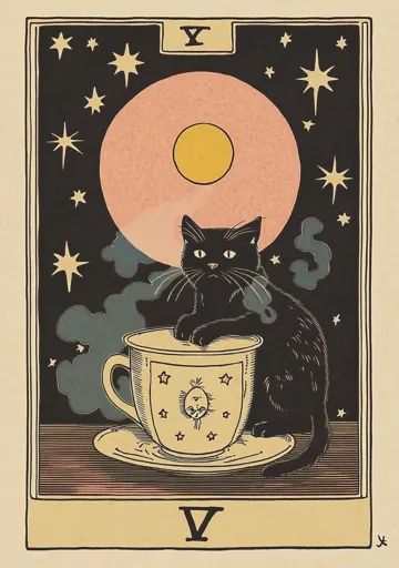 ↑↑↑ Larger size on website 🔸 The image is a tarot card, with a black cat sitting on a teacup with a saucer. The teacup has a yell Sun With A Face, Cat Tarot Cards, Cat With Coffee, Coffee Steam, Vintage Hair Salons, Rider Waite Tarot Cards, Black Cat Sitting, Vintage Tarot Cards, Tarot Card Design