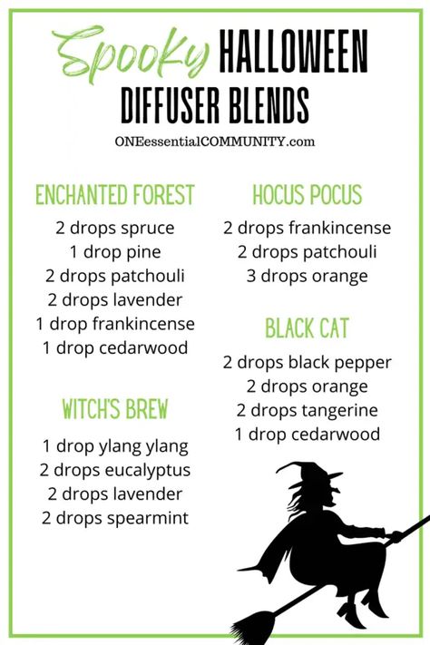 13 Halloween Diffuser Blends -- the Best essential oil recipes for Halloween! with a FREE PRINTABLE! There are sweet candy diffuser blends like candy corn, Frankenfruit, cotton candy, or trick or treat. There are also warm and spicy diffuser blends like pumpkin spice latte, and others that blends cinnamon bark with orange, ginger, coffee, and clove. And of course, there are spooky blends perfect for conjuring a haunted, mystic atmosphere for your Halloween party, {doTERRA, Young Living} Halloween Oil Diffuser Blends, Spooky Diffuser Blends, Samhain Essential Oils, Halloween Essential Oil Diffuser Blends, Candy Corn Diffuser Blend, Halloween Oil Blends, Samhain Diffuser Blend, Halloween Essential Oil Diy, Spicy Essential Oil Blends