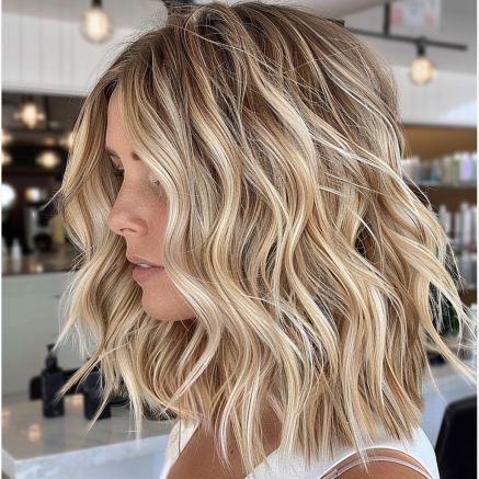 Tousled Beach Waves with Balayage Medium Length Hair With Beach Waves, Trendy Waves Hair, Medium Blond Hairstyles, Over 40 Blonde Hairstyles, Beach Waves Blonde Hair, Beach Waves Hairstyles Medium, Shoulder Length Hair With Blonde Highlights, Medium Beach Waves Hair, Simple Beach Waves Hair