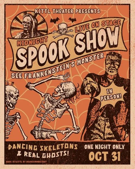 Take your Poster design to the next level by using this Spook Show - Halloween  Poster design template by Orange Monkey Art. Use this ready-to-use Poster design and start designing like a Pro. Halloween Poster Ideas, Halloween Design Graphic, Halloween Event Poster, Halloween Poster Design, Vintage Halloween Posters, Orange Monkey, Halloween Party Poster, Halloween Party Flyer, Poster Template Design