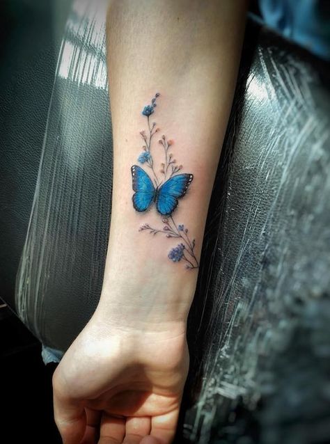 Butterfly Sleeve Tattoo, Butterfly Thigh Tattoo, Blue Flower Tattoos, Watercolor Butterfly Tattoo, Butterfly Neck Tattoo, Butterfly With Flowers Tattoo, Blue Butterfly Tattoo, Butterfly Wrist Tattoo, Butterfly Tattoo On Shoulder