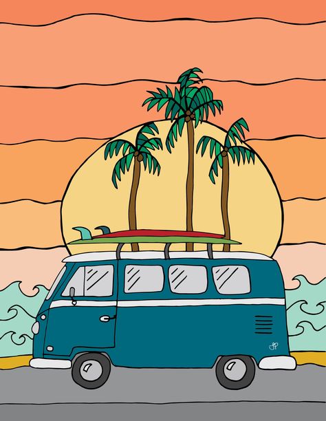 Hippy Van Painting, Volkswagon Van Drawing, Combi Van Drawing, Beach Van Drawing, Vw Bus Painting Canvas, Van Art Drawing, Drawing Ideas Summer Vibes, Van Painting Ideas, Volkswagen Bus Painting