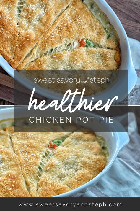 This healthier chicken pot pie is made without the use of any creamy canned soups. Topped with crescent roll dough, it couldn't be easier to throw together. This recipe is lightened up, but not on flavor! Homemade Chicken Pot Pie Healthy, Pot Pie Recipe Healthy, Easy Healthy Chicken Pot Pie Recipe, Chicken Pot Pie Healthy Easy, Easy Chicken Pot Pie Skillet Recipe, Canned Biscuit Chicken Pot Pie, Lighter Chicken Pot Pie, Protein Chicken Pot Pie, Chicken Pot Pie Recipe With Cresent Roll