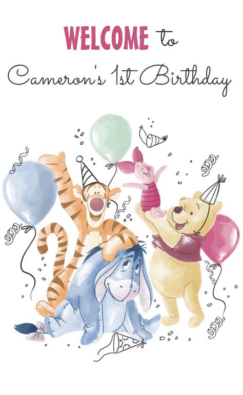 Winnie the Pooh & Pals - Balloons Birthday Welcome Poster Winnie The Pooh Decor, Baby Deco, Baby Birthday Decorations, Birthday Painting, Pooh Birthday, Winnie The Pooh Pictures, Winnie The Pooh Birthday, 1st Birthday Party Decorations, Birthday Party Decorations Diy