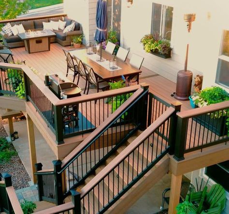 2 Floor Deck Ideas, Ground Level Deck With Railing, L Shape Deck Ideas, Long Narrow Deck Ideas, Raised Ranch Deck, Deck Inspiration Backyard Ideas, Tall Deck Ideas, Multi Level Deck Ideas On A Slope, Deck With Tv