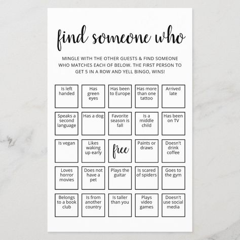 Editable Find Someone Who Game Bingo game Birthday Bingo For Adults, Mingle Games, Find Someone Who Game, Marriage Night, Sorority Recruitment Decorations, Swim Banquet, Recruitment Decorations, 007 Theme, Birthday Martini