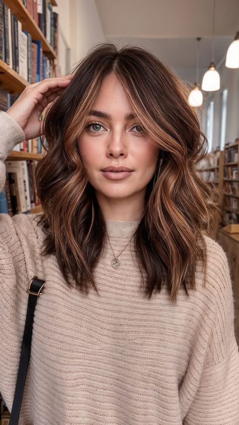 Medium Brown With Red Balayage, Fall Medium Haircuts, Red Medium Hairstyles, Brunette Hair With Red Highlights Fall, Caramel Brown All Over Hair Color, Brunette Winter Balayage, Hair Inspiration Copper, Medium Length Caramel Highlights, Caramel Shoulder Length Hair