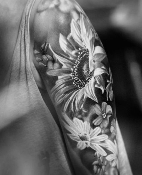 Forearm Cover Up Tattoos For Women Black, Flower Tattoos Realism, Realistic Flower Tattoo Sleeve, Realist Flower Tattoo, Realism Sleeve Tattoo Women, Girly Flower Tattoos, Black And Grey Realism Flower Tattoo, Sunflower Tattoo Realism, Lower Arm Flower Tattoos For Women