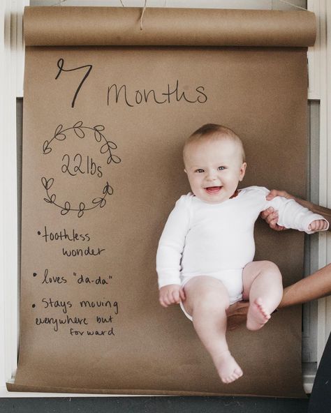 7 month update with Kraft paper Creative Monthly Baby Photos, 3 Month Old Baby Pictures, 7 Month Baby, Baby Milestones Pictures, Monthly Pictures, Monthly Baby Pictures, Baby Milestone Photos, Monthly Baby Photos, Milestone Pictures