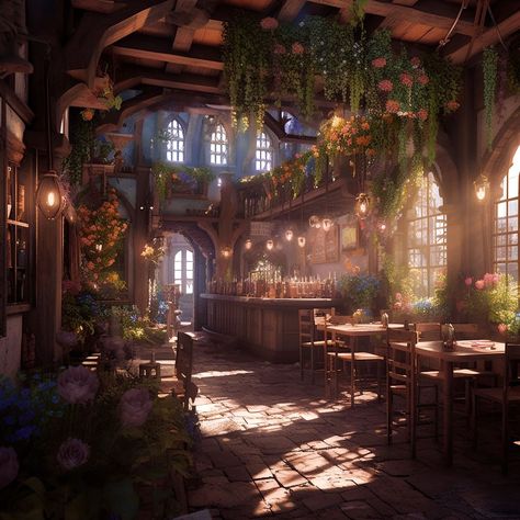 Tavern Fantasy Art Interior, Dnd Shop Art, Fantasy Bakery Concept Art, Fantasy Tavern Concept Art, Fantasy Tea Shop, Fantasy Tavern Art, Magical School Aesthetic, Fantasy Tavern Aesthetic, House Concept Art Interior