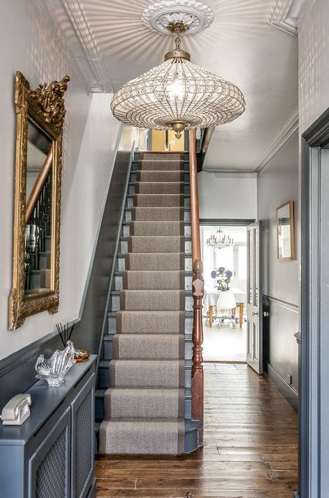 Dark Wood Trim, Living Room Decor Lights, Painted Staircases, Living Room Wood Floor, Edwardian House, Hallway Designs, Painted Stairs, Dark Wood Floors, Hallway Ideas Entrance