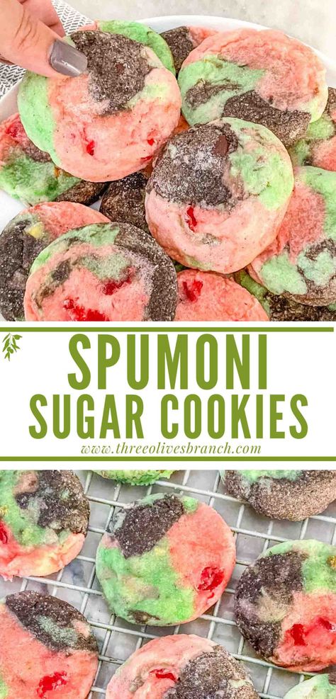 Spumoni Sugar Cookies, Spumoni Cookies Recipe, Maraschino Chocolate Chip Cookies, Italian Spumoni Cookies, Unusual Cookie Flavors, Fruit Flavored Cookies, Winter Cookie Flavors, Pistachio Cherry Cookies, Sugar Plum Cookies