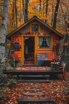 Fall Cabin In The Woods, 200 Sq Ft Cabin Interior, Inside Small Cabin Ideas, Tiny House Log Cabin, Tiny House In Woods, Bunkies Guest Cabin, Tiny Wood Cabin, Cozy Tiny House Interior, Tiny Cabin Interiors