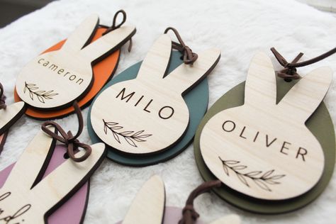 Easter Basket Name Tags, Velika Noč, Custom Easter Basket, 1st Birthday Onesie, Laser Crafts, Glowforge Projects, Custom Easter Baskets, Wooden Bunny, Basket Tags