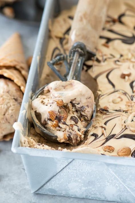 Mocha Almond Fudge Ice Cream Almond Fudge Ice Cream, Peanut Butter Ice Cream Recipe, Ice Cream Dessert Recipe, Almond Fudge, Coffee Ice Cream Recipe, Fudge Ice Cream, Butter Ice Cream, Ice Cream Maker Recipes, Peanut Butter Ice Cream