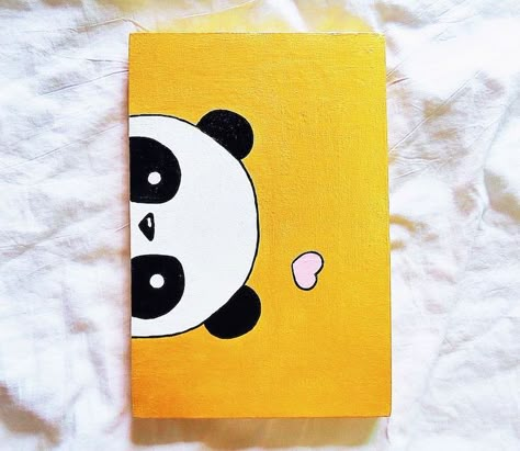 acrylic-painting-of-panda-head-pink-heart-above-it-how-to-draw-step-by-step-yellow-background Cute Easy Paintings, Kids Canvas Art, Small Canvas Paintings, Simple Canvas Paintings, Cute Canvas Paintings, Easy Canvas Art, Canvas Drawings, Easy Canvas Painting, Canvas Painting Designs