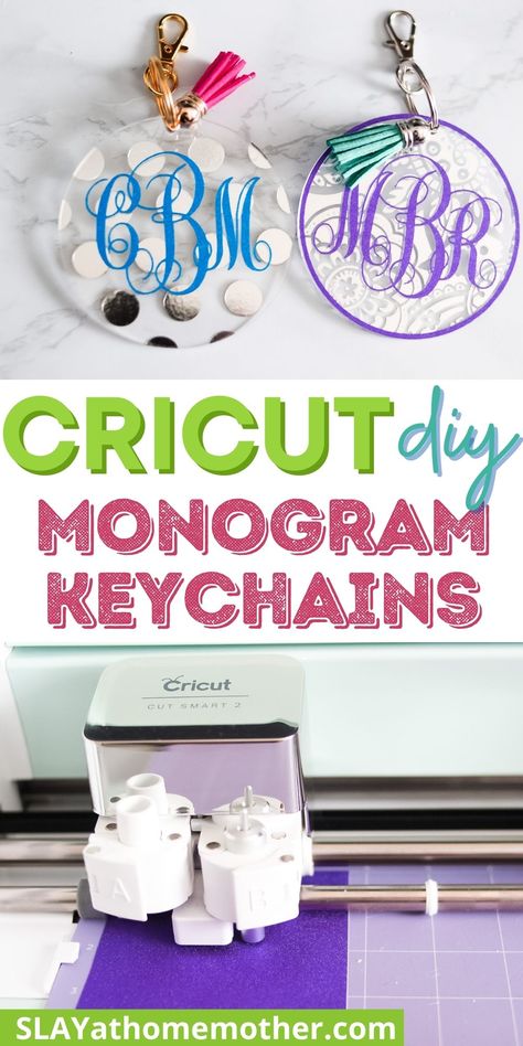 These gorgeous DIY acrylic keychains make great personalized birthday or holiday gifts! Grab your Cricut and make them for your friends and family! #cricut #cricutcrafts #slayathomemother #cricutcreated #cricutmade #keychains #easycrafts Keychains Cricut, How To Make Keychains, Space Cricut, Cricut Monogram, Cricut Birthday, Keychain Craft, Cricut Explore Projects, Diy Monogram, Cricut Projects Beginner