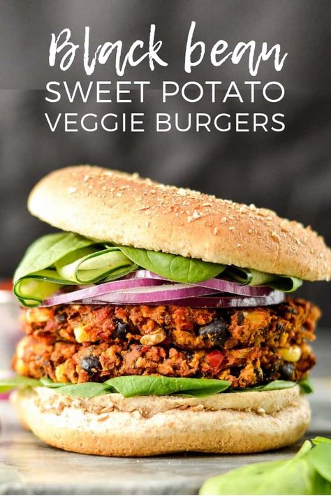 Baked Black Bean & Sweet Potato Veggie Burgers are vegan, gluten-free and freezer-friendly! The perfect make-ahead meatless main dish! Sweet Potato Veggie Burger, Black Bean Sweet Potato, Black Bean Burger Recipe, Sweet Potato Burgers, Veggie Burgers Recipe, Sweet Potato Black Beans, Meatless Main Dishes, Vegetarian Burger, Veggie Burgers