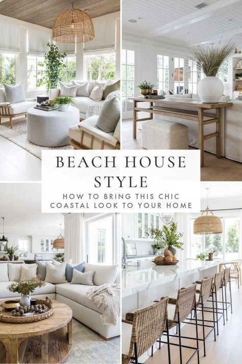 Beautiful beach house style decorating ideas to bring a touch of modern organic coastal style to your living room, bedroom, kitchen and home in 2024 - pure salt interiors Beach Style Lounge Rooms, Modern Beach Home Living Room, Waterfront Home Decor, Coastal Farmhouse Furniture Living Rooms, Cottage Beach House Living Room, Modern Beach House Living Room Ideas, Interior Summer House Ideas, Coastal Decorating Ideas Beach Inspired, Coastal Furniture Living Room