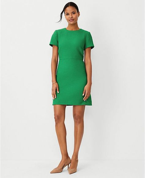 Women’s Green Dresses: Formal, Casual, & More | Ann Taylor Tweed Shift Dress, Tweed Shorts, Short Sleeve Shift Dress, Knitted Suit, Green Outfit, Denim Pant, Ann Taylor, Shift Dress, Green Dress