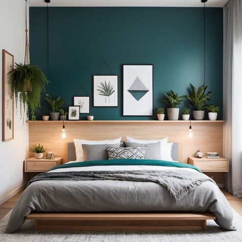 Forest Green And Blue Bedroom, Teal And Wood Bedroom, Teal Bedroom Ideas For Adults, Teal Feature Wall Bedroom, Teal Blue Accent Wall, Teal And Beige Bedroom, Teal Bedroom Accents, Deep Teal Bedroom, Teal Feature Wall