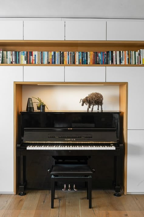 Rooms With Upright Pianos, Contemporary Piano Room, Piano In Alcove, Piano Library Wall, Piano In Bookcase, Pianino In Living Room, Piano Built In, Piano Alcove, Small Living Room With Piano