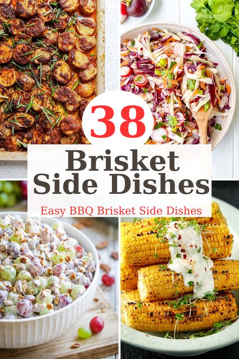 Looking for ideas on what to serve with brisket? These 38 side dishes pair perfectly with BBQ brisket and Texas BBQ. From traditional favorites like zesty coleslaw to new creations such as air fryer parmesan potatoes, these recipes will complement your beef brisket perfectly. You can save the recipes for later and enjoy the best sides for brisket at your next cookout. Beef Brisket Dinner Ideas, Side Dishes For Beef Brisket, Salad To Go With Brisket, Healthy Brisket Meals, Brisket Beans Recipe, What To Serve With Brisket Meals, Slaw For Brisket Sandwiches, Coleslaw For Brisket, Brisket Buffet Ideas