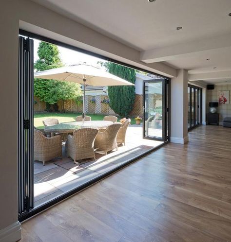 Bifold Patio Doors, Folding Patio Doors, Stacking Doors, Glass Doors Patio, Folding Glass Doors, Back Porch Ideas Covered, House Extension Design, Back Porch Ideas, Home Building Design