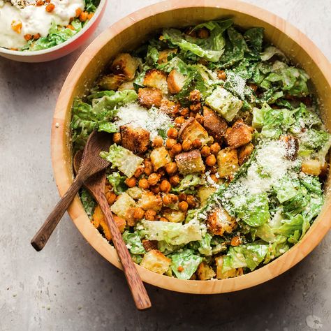 Chickpea Caesar salad with crispy croutons | Nourish: plant-based living Vegan Ceasar Salad, Chickpea Caesar Salad, Classic Fudge, Healthy Caesar Salad, Chicken Caesar Pasta, Crouton Salad, Caesar Pasta Salad, Vegan Caesar Salad, Caesar Pasta