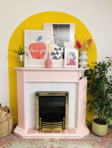 DIY fireplaces – 7 creative ideas to upgrade your fireplace | Real Homes Bright Painted Fireplace, Colour Blocking Fireplace, Painted Arch Over Fireplace, Mural Above Fireplace, Cute Fireplace Ideas, Painted Arch Fireplace, Quirky Fireplace Ideas, Colorful Fireplace Decor, Fun Fireplace Ideas