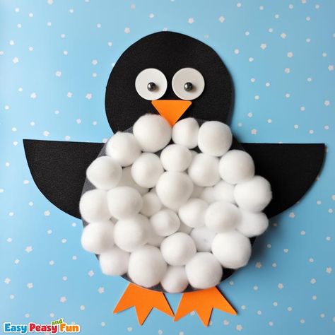 Pengui craft for kids to make, use cotton balls or tissue paper to make this fun winter craft with your little ones Cotton Work On Paper, Cotton Activities For Kids, Cotton Balls Crafts, Cotton Ball Crafts For Kids, Craft With Cotton, Cotton Ball Snowman, Cotton Activity, Cotton Ball Crafts, Button Crafts For Kids