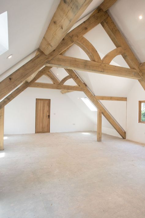 Image: A large gable roofed room with oak beams to the ceiling. Yoga Attic Space, Attic Beds, Glass Room Extension, Playroom Gym, Attic Bed, Yew Tree, Oak Framed Buildings, Summer House Garden, Office Playroom