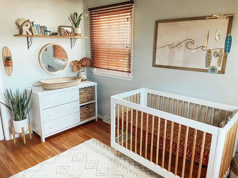 Beach Boho Surf Nursery - #nurseryideas #nurserydecor #babynursery #nursery Boho Nautical Nursery, Beach Boy Nursery, Surfer Baby Nursery, Surfer Boy Nursery, Surf Themed Nursery, Nursery Grey Walls, Boy Beach Nursery, Surf Nursery Theme, Boho Surf Nursery