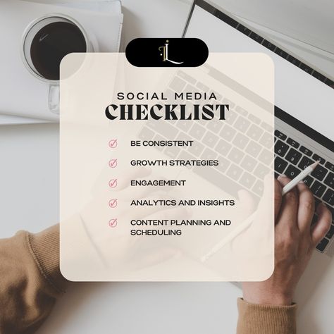 🌟 Social Media Success Checklist 🌟 Hello everyone! 🚀 Here are my top 5 essential tasks to keep your social media game strong and thriving! 💪 Content Planning and Scheduling 🗓️ Stay organized and consistent by planning your content calendar and scheduling posts in advance. Mix it up with images, videos, stories, and reels for maximum engagement! Engagement ❤️ Please remember to quickly respond to comments and messages, engage with your audience by liking and commenting on their posts, and j... Success Checklist, Social Media Manager Content, Social Media Checklist, Strive For Success, Brand Consistency, Content Calendar, Social Media Analytics, Social Media Success, Social Media Games