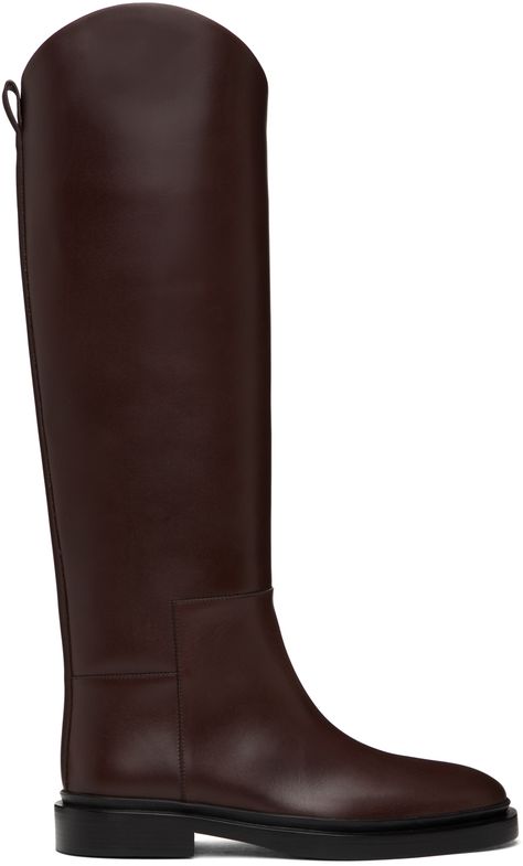 Jil Sander - Burgundy Riding Tall Boots Burgundy Knee Boots, Money British, Riding Boots Outfit, No Heel Boots, Lace Up Riding Boots, Riding Boot Outfits, Knitwear Sweaters, Burgundy Flats, Sole Sisters