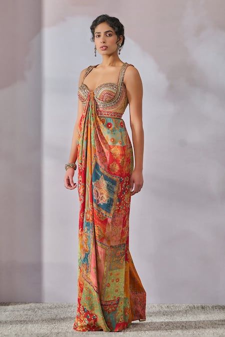 Buy Multi Color Double Viscose Georgette Printed Phulkari Sweetheart Draped Jumpsuit For Women by Tarun Tahiliani Online at Aza Fashions. Couture, Indian Outfits, Tarun Tahiliani, Embroidered Bodice, Jumpsuit Pattern, Lehenga Saree, Aza Fashion, Designer Outfits Woman, Indian Dresses