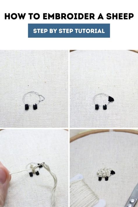 Sheep Embroidery Ideas, Embroidery Sheep Tutorial, Embroidery Creative Ideas, Embroidered Sheep Hand Embroidery, Make Your Own Embroidery Pattern, Black Sheep Embroidery, Easy Simple Embroidery, Lamb Embroidery Pattern, Knitting Embroidery Designs