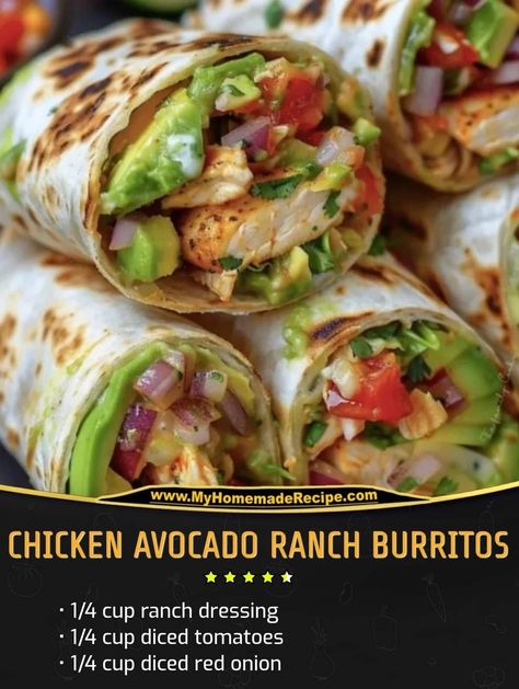 Chicken Wrap Recipes, Avocado Ranch, Easy Recipes For Beginners, Burritos Recipe, Chicken Burritos, Diced Tomatoes, Chicken Avocado, Chapati, Wrap Recipes