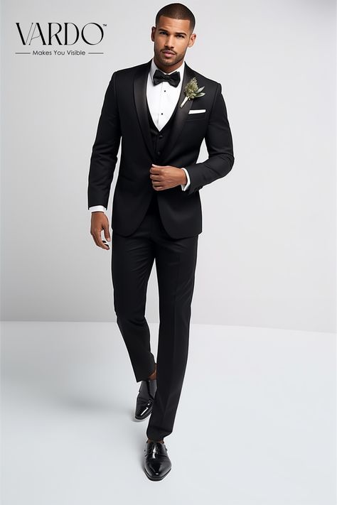 Black Three Piece Shawl lapel Suit, Black tuxedo. Black Tuxedo Wedding, Tuxedo Suit For Men, Men's Tuxedo Wedding, Wedding Suits Men Black, Black Men Suits, Groom Suit Black, Groom Tuxedo Wedding, Event Attire, Sleek Wedding