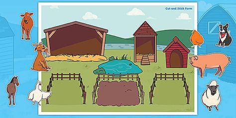 This simple activity is great for developing scissor skills while learning about farm animals.Children can carefully cut out the animals and stick them in the right enclosures on the farm. Where does a goat live on the farm? Who sleeps in a kennel?Try completing this activity after reading 'Wake-Up Time on Bumble Farm'.To give your children more practise naming all the different farm animals, you could also try this labelling and matching activity too. Or try colouring in your own Farmyard Colou Pictures Of Farm Animals, Learning Farm Animals, Farm Animals Numeracy Activities, Who Am I Farm Animals, Farm And Wild Animals Worksheet, Animal Farm Revision, Animals Habitat, Animal Worksheets, Scissor Skills